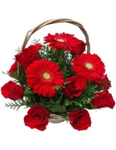 Canasta de flor para regalo en tonos rojos 