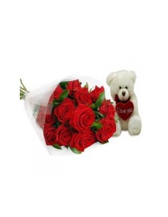 BUQUET 12 ROSAS ROJAS + OSO CORAZON 2