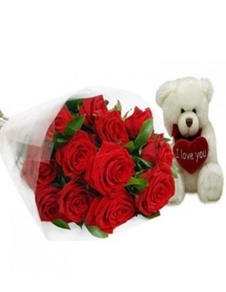 BUQUET 12 ROSAS ROJAS + OSO CORAZON